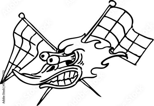 Excited Cartoon Dragon With Racing Flags Illustration