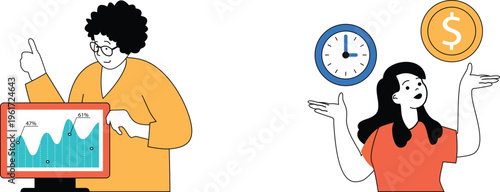 Two individuals contemplating trade-offs between time, money, and data analysis in a professional setting