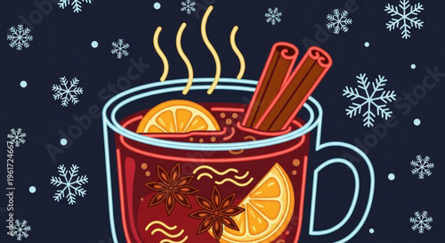 Warm mulled wine with cinnamon sticks and orange slices on a snowy winter background