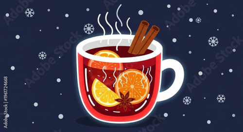 Warm mulled wine in a red mug with cinnamon sticks and orange slices on a snowy night background