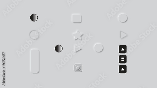 A design preview showing various gray user interface elements in a soft embossed style. It includes circles, squares, and arrows, with some elements appearing pressed or active