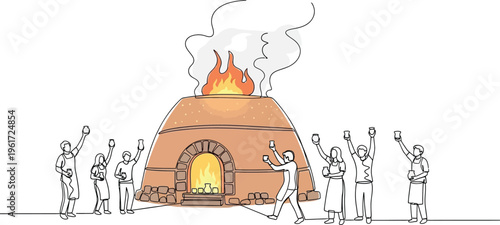 ancient clay oven with people gathered around