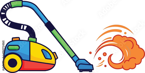 A colorful cartoon vacuum cleaner depicted cleaning up a swirling cloud of orange dust and debris