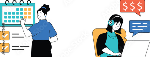 A woman planning tasks while another person communicates remotely about finances and discussions