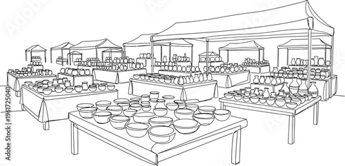 outdoor food market, buffet tables