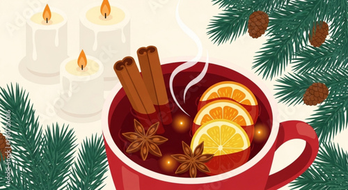 Warm mulled wine in a red mug with cinnamon sticks orange slices and star anise surrounded by candles and christmas tree branches