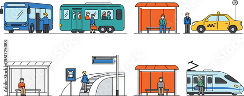 Public transport scenes vector set bus taxi train stations passengers waiting commuting urban transit flat illustration collection city mobility design