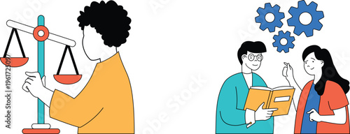 shows balance of justice and collaboration between professionals with gears symbolizing teamwork and fairness