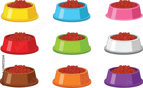 Pet food bowls vector set colorful dog cat feeding dishes kibble containers animal feeding supplies flat illustration collection design