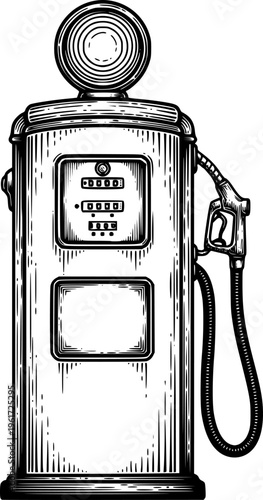 Vintage Gas Pump Illustration: A Classic Design in Black and White. Transparent background EPS version.