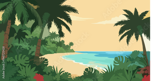 Tropical Palm Trees Vector Background Island Beach Landscape Illustration