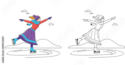 Female figure skater practicing on outdoor ice rink with mountain landscape, set of colorful vector illustration and black and white line art coloring page for kids winter activity