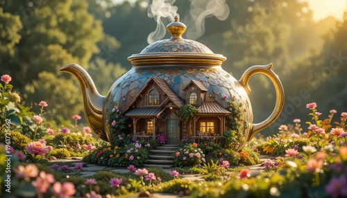 A miniature house built inside a giant teapot in a garden
