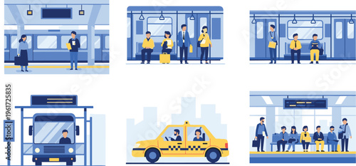 Public transport scenes vector set subway train bus taxi passengers waiting commuting city transit flat illustration collection design