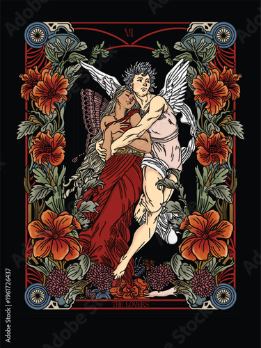 Art Nouveau Lovers Tarot Design with Floral Ornament Frame