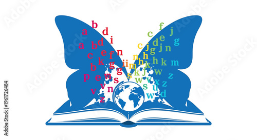 Open book with pages forming butterfly wings and globe symbolizing education and global learning