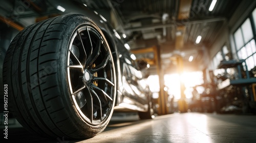 Close-up of a modern car wheel in a professional auto repair garage