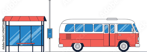 Retro minibus at bus stop illustration public transport vehicle station urban travel vector vintage design scene isolated concept
