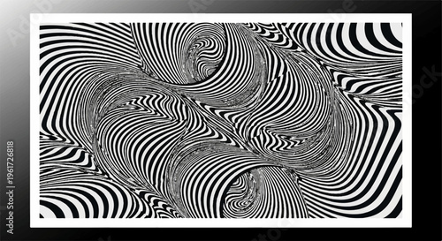 Optical illusion with swirling black and white stripes creating a mesmerizing psychedelic pattern on a gray background
