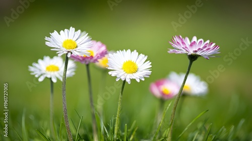 shallow. Fresh daisies scattered on soft green grass with vibrant colors and natural daylight. gardening catalogs, home-decor guides, designed for home decor and floral branding.

