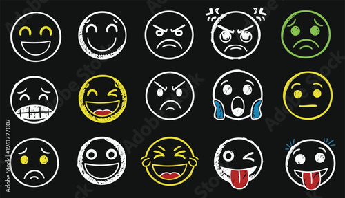 Hand drawn doodle emoticons set. Chalk or marker style.