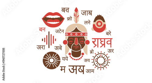 Indigenous language preservation concept with tribal face and symbols