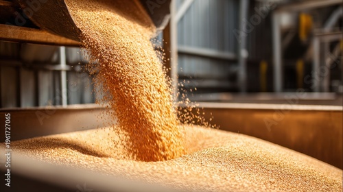 Grain being poured into a storage bin at a harvest facility