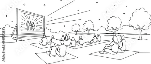 people watching outdoor movie at night