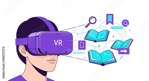 Virtual reality reading concept with person wearing vr headset and digital books floating around