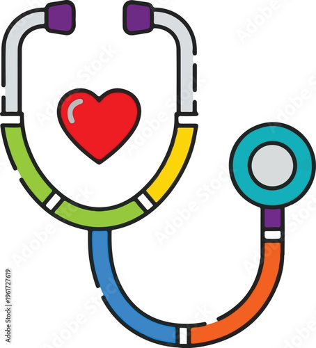 A colorful vector illustration of a medical stethoscope icon with a vibrant red heart in center