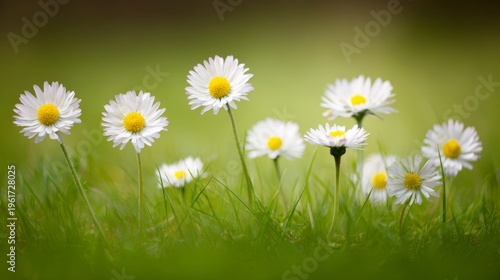 shallow. Fresh daisies scattered on soft green grass with vibrant colors and natural daylight. gardening catalogs, home-decor guides, designed for home decor and floral branding.
