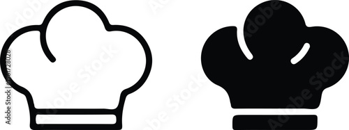 two chef hat icon set in outline and solid black flat design for cooking restaurant culinary and food service concepts isolated background.
