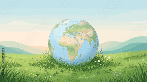 A vibrant illustration of our nurturing Earth globe, nestled in a lush green meadow, symbolizing global environmental awareness, sustainable living, and ecological harmony