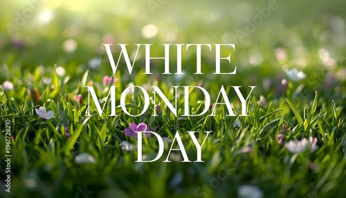 A serene field of green grass with small flowers and a White Monday Day text overlay