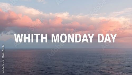 A serene ocean landscape with pink clouds at sunset on a calm Monday day