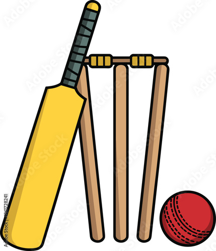 Cricket sports equipment set featuring wooden bat red ball and wicket stumps for tournament competition flat vector illustration isolated