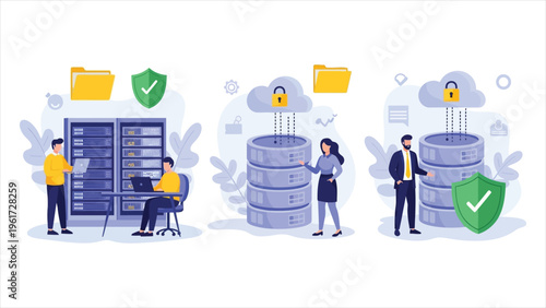 Server technology concept featuring database systems, cloud computing, data management, and personal data security. Flat vector banner for a landing page website
