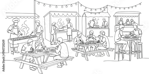 dotted line illustration of people at market