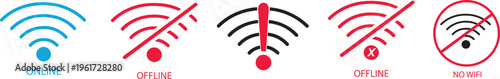 Connected and Offline Wi-Fi Signal Icons – Network Status Vector. Wi-Fi Strength and No Internet Symbols – Technology Interface Icons. Icon Pack with Internet Off, Disconnected, and Error Symbols.