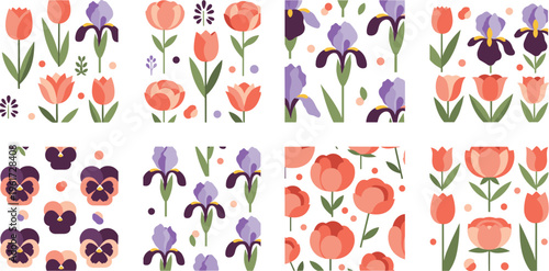 PrintCollection of seamless floral pattern vector illustrations featuring tulips irises pansies and spring flowers decorative backgrounds set colorful