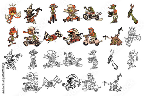 Whimsical cartoon characters on wheels, a playful collection of whimsical characters riding various vehicles, a fun and energetic illustration