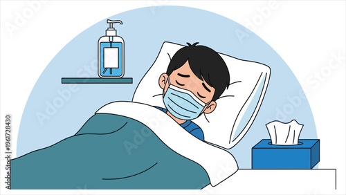 Sick Boy Vector – Wearing a mask and resting while feeling unwell during cold season