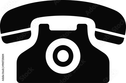 Black rotary phone icon on white background, communication symbol
