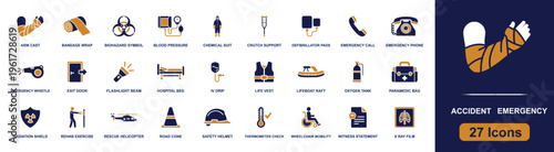 Accident emergency icon set. Containing arm cast, bandage, biohazard, blood pressure, crutch, defibrillator, oxygen tank, hospital bed and more. Solid fill vector icons collection.