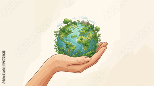 Illustration of a hand gently holding planet Earth covered in lush green foliage and trees, symbolizing environmental conservation and sustainability