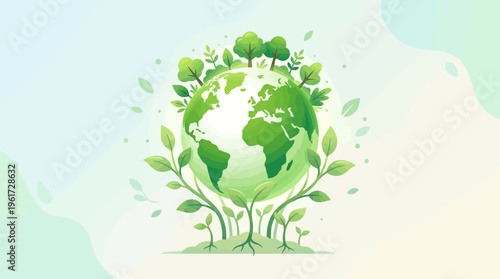 The Earth is being nurtured by plants and trees, symbolizing a healthy planet and green growth
