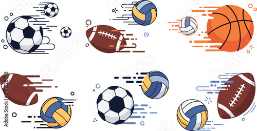 Collection of sports ball vector illustrations including soccer basketball volleyball and american football with motion speed effects set