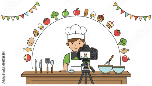 Young Chef Filming Cooking Show – Recording culinary video with camera and ingredients