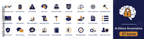 AI ethics governance icon set. Containing privacy, policy, fairness, law, audit, bias, rights, standards, security and more. Solid fill vector icons collection for responsible AI design.
