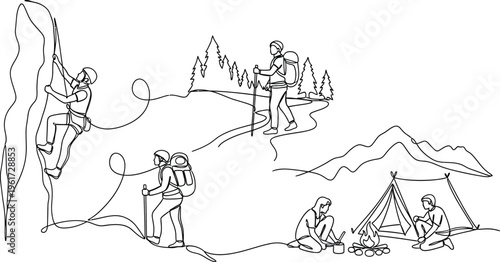 hikers climbing mountain with tent and campfire